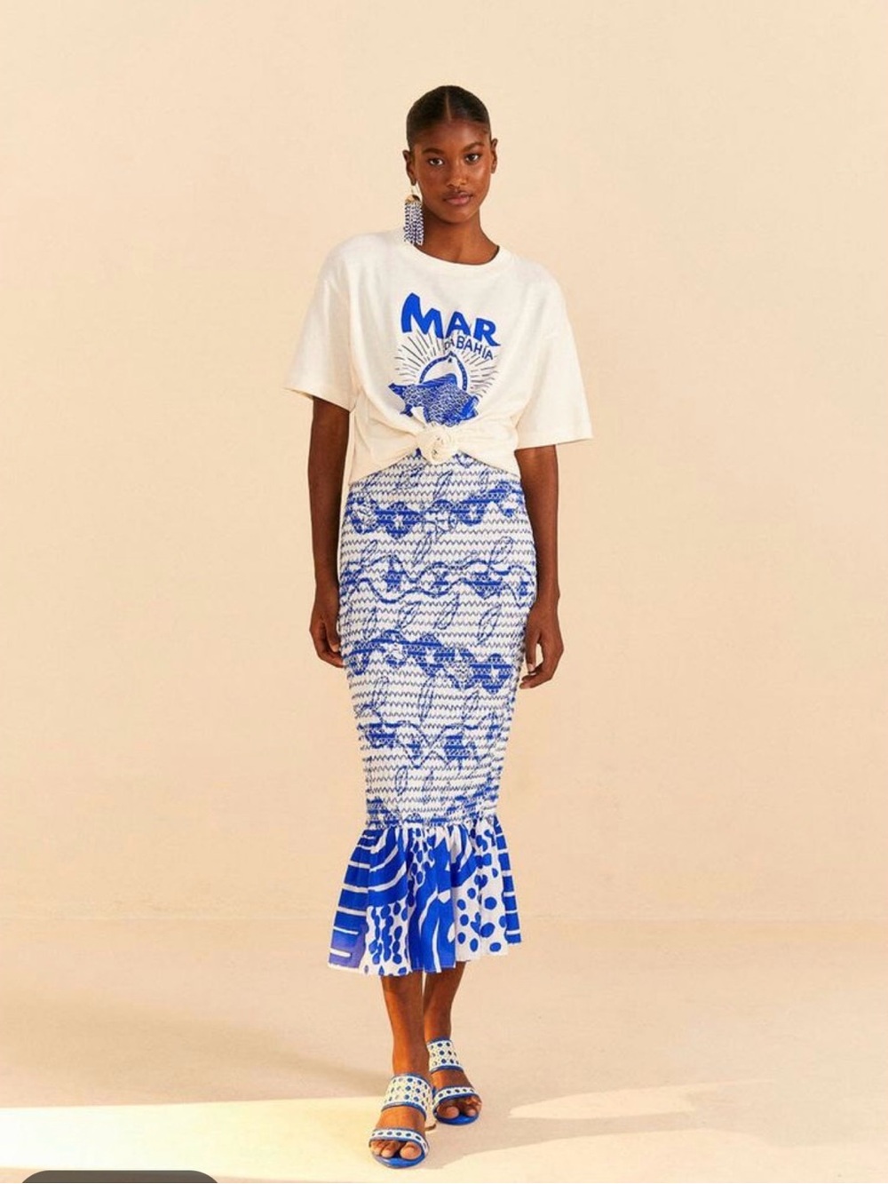 FARM Rio Blue and White Patterned Midi Skirt